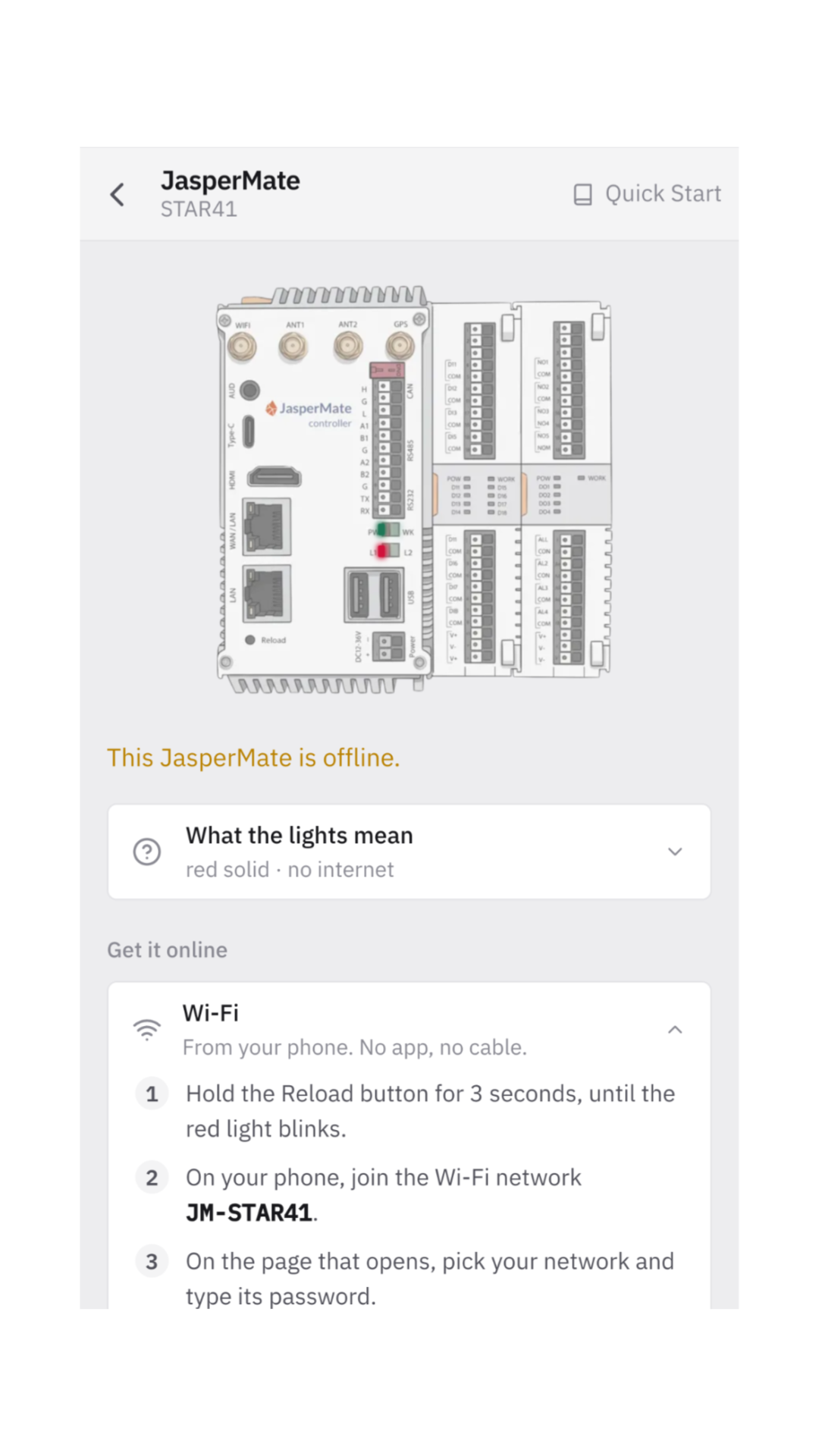 The JasperMate's setup page on a phone: the unit is offline, and the Wi-Fi steps show: hold Reload for 3 seconds, join the Wi-Fi network JM-STAR41, then pick your network and type its password