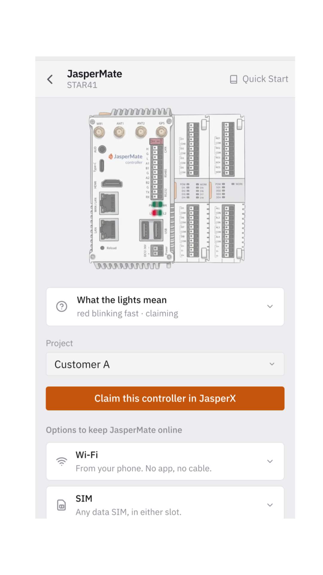The setup page with a project chosen and the button Claim this controller in JasperX