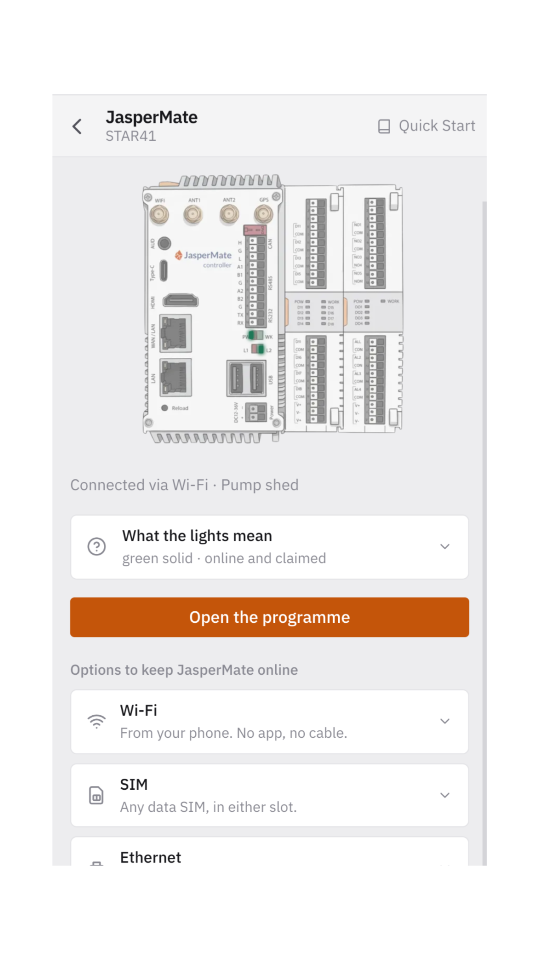 The setup page once the JasperMate is connected via Wi-Fi and claimed, with the button Open the programme