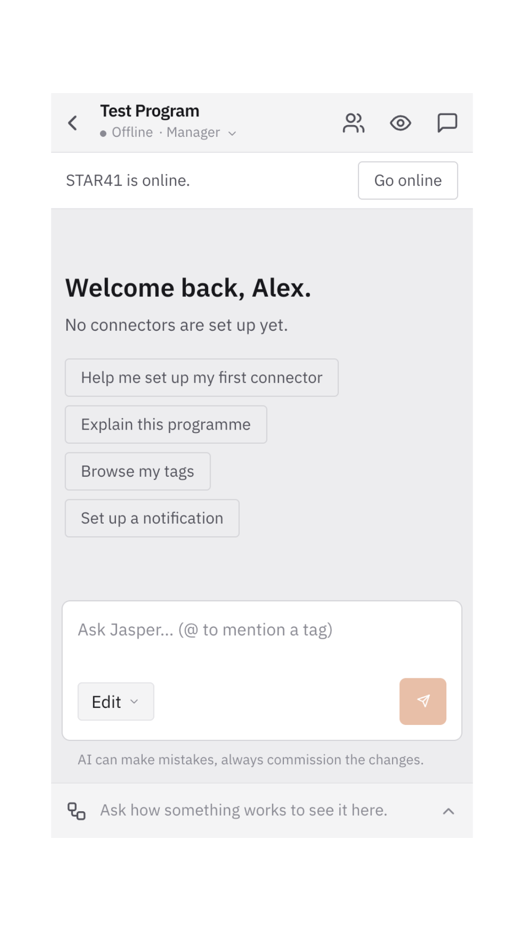 The programme in JasperX on a phone: STAR41 is online, with the Go online button