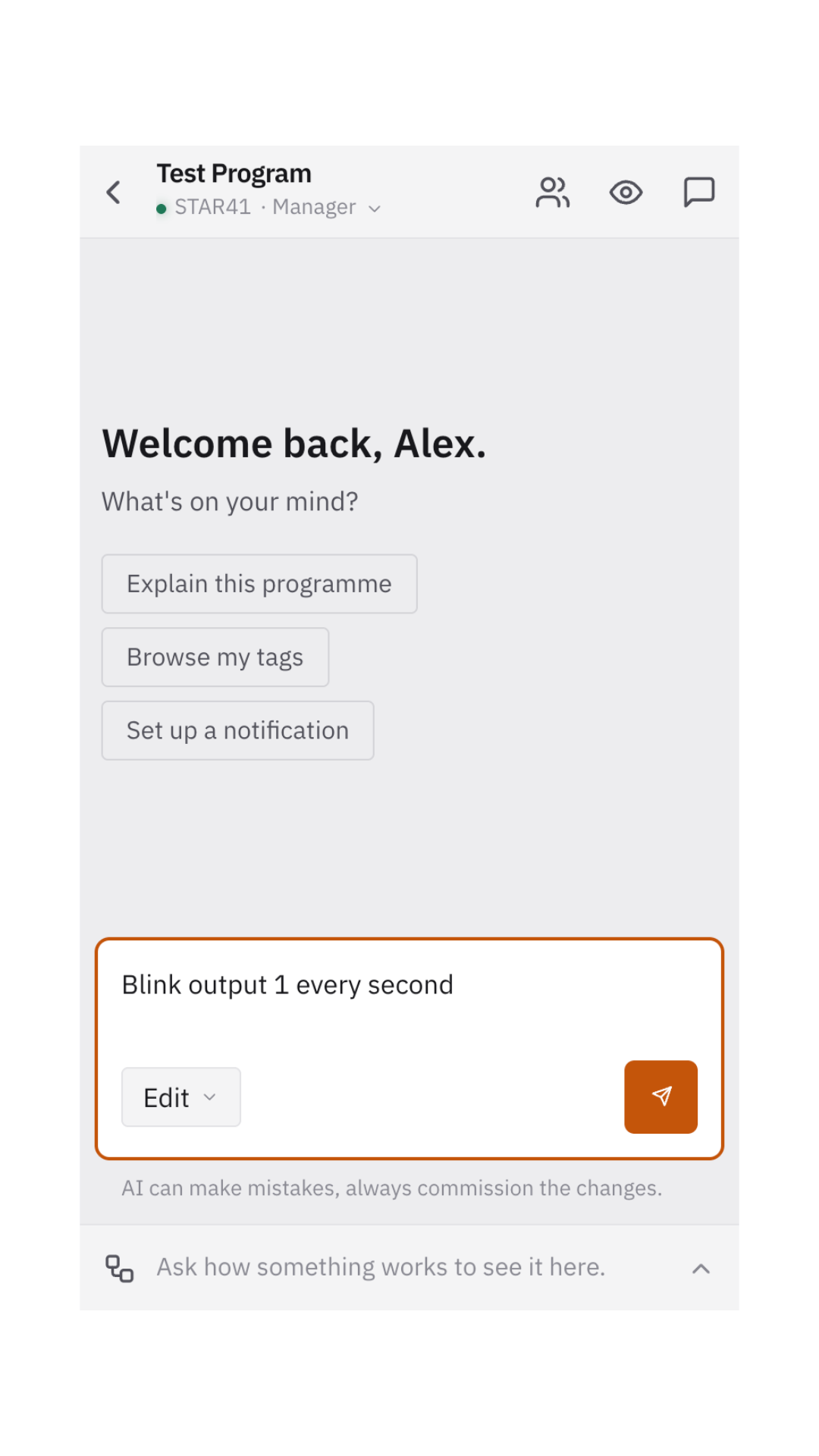The chat with Jasper on a phone, with the prompt Blink output 1 every second typed in