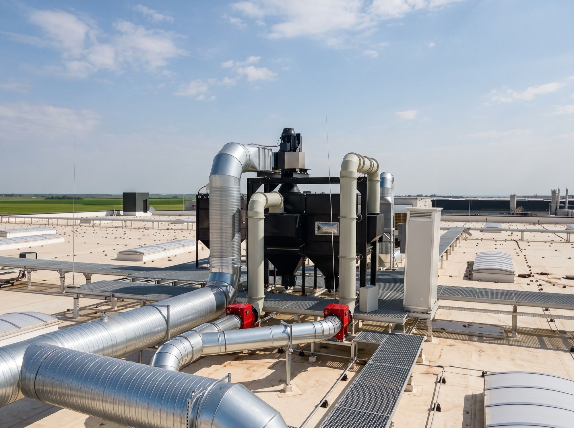 A dust extraction unit and its ducting on a factory roof