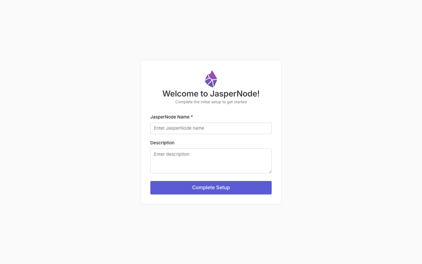 The JasperNode first-run setup screen in the browser: name the node and complete setup