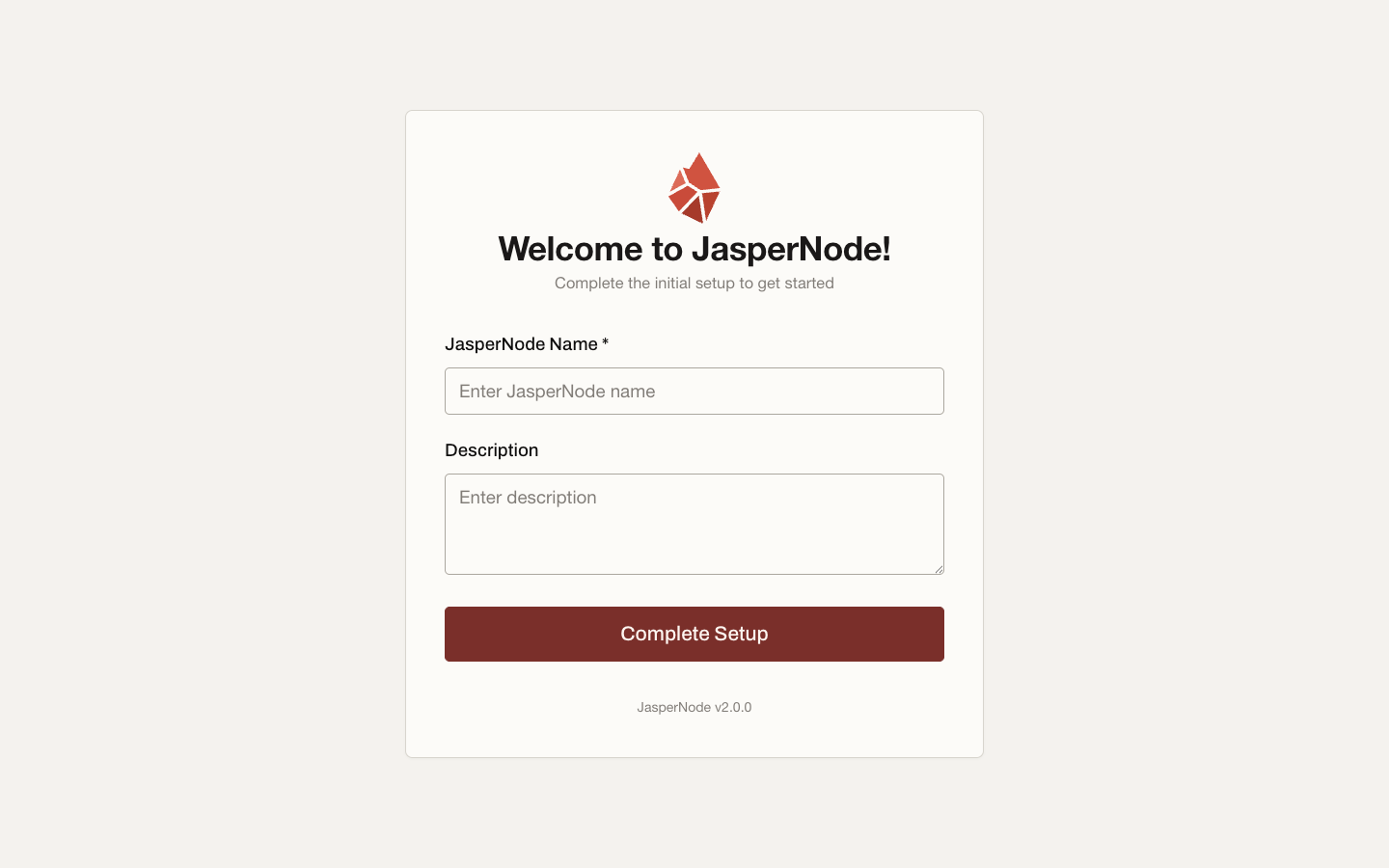 The JasperNode first-run setup screen in the browser: name the node and complete setup