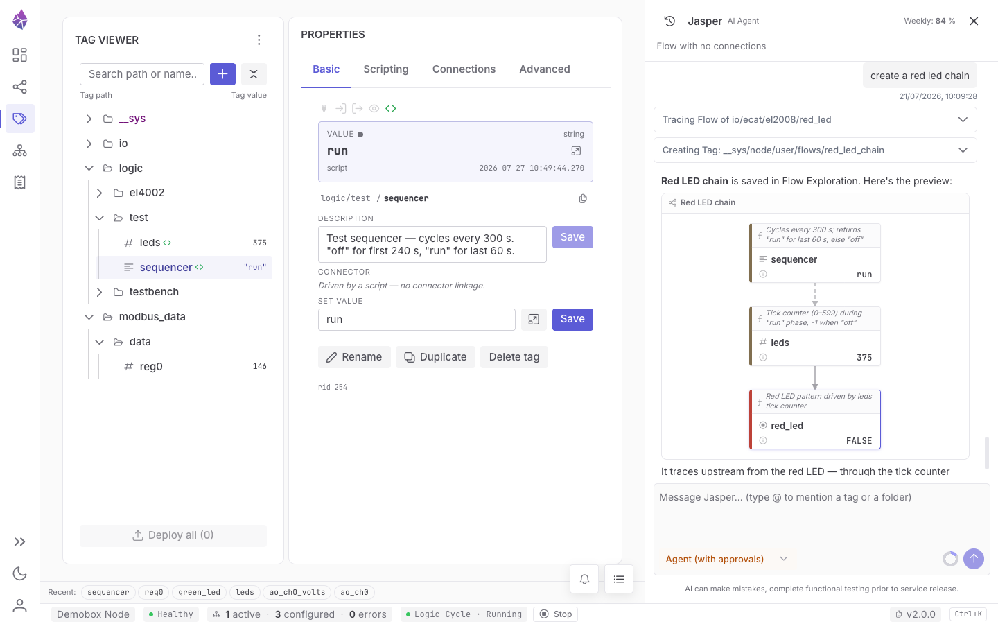 The JasperX browser IDE showing the tag viewer, tag properties, and the Jasper chat panel with a flow preview