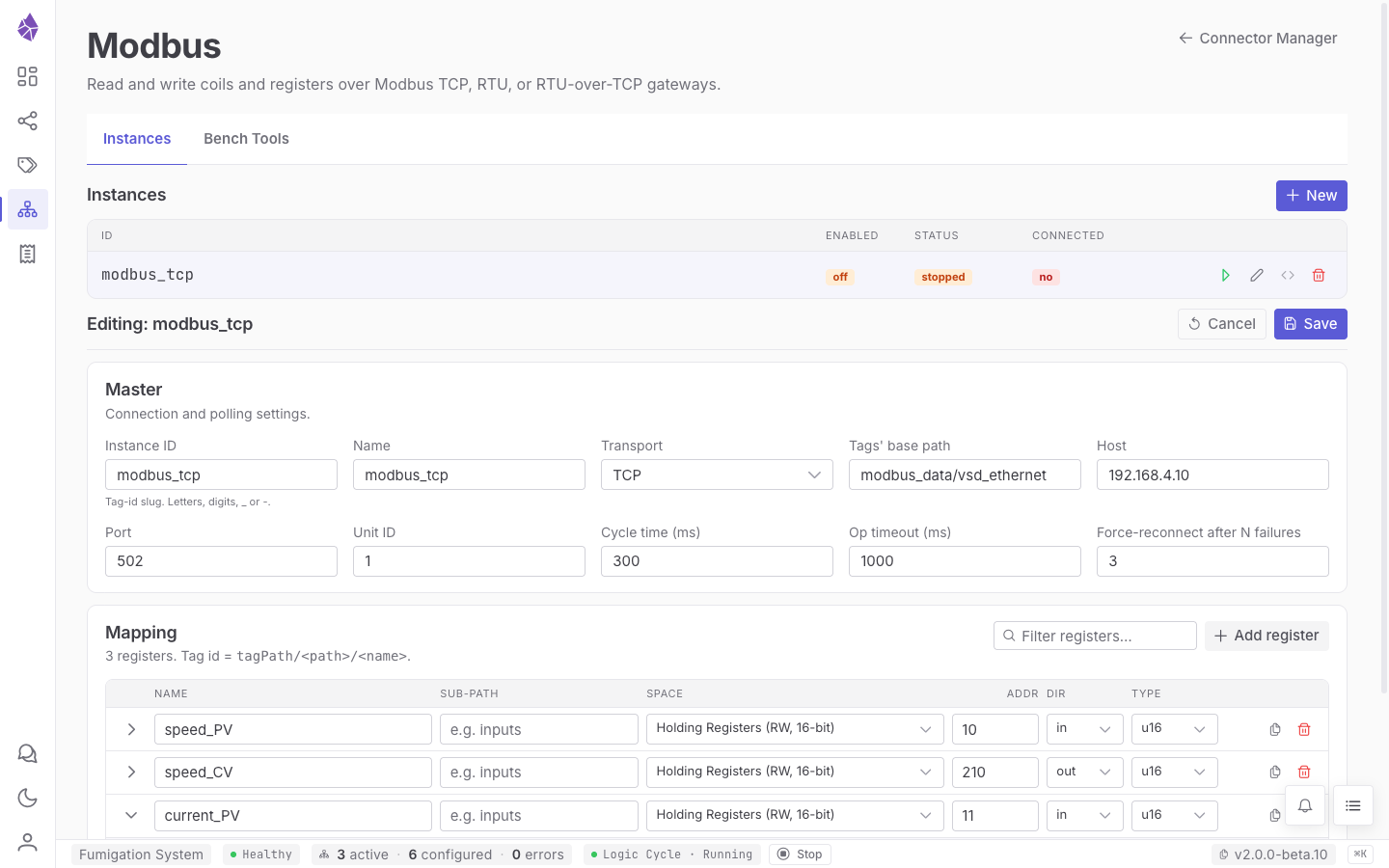 Editing a Modbus TCP instance: the master settings and the register mapping