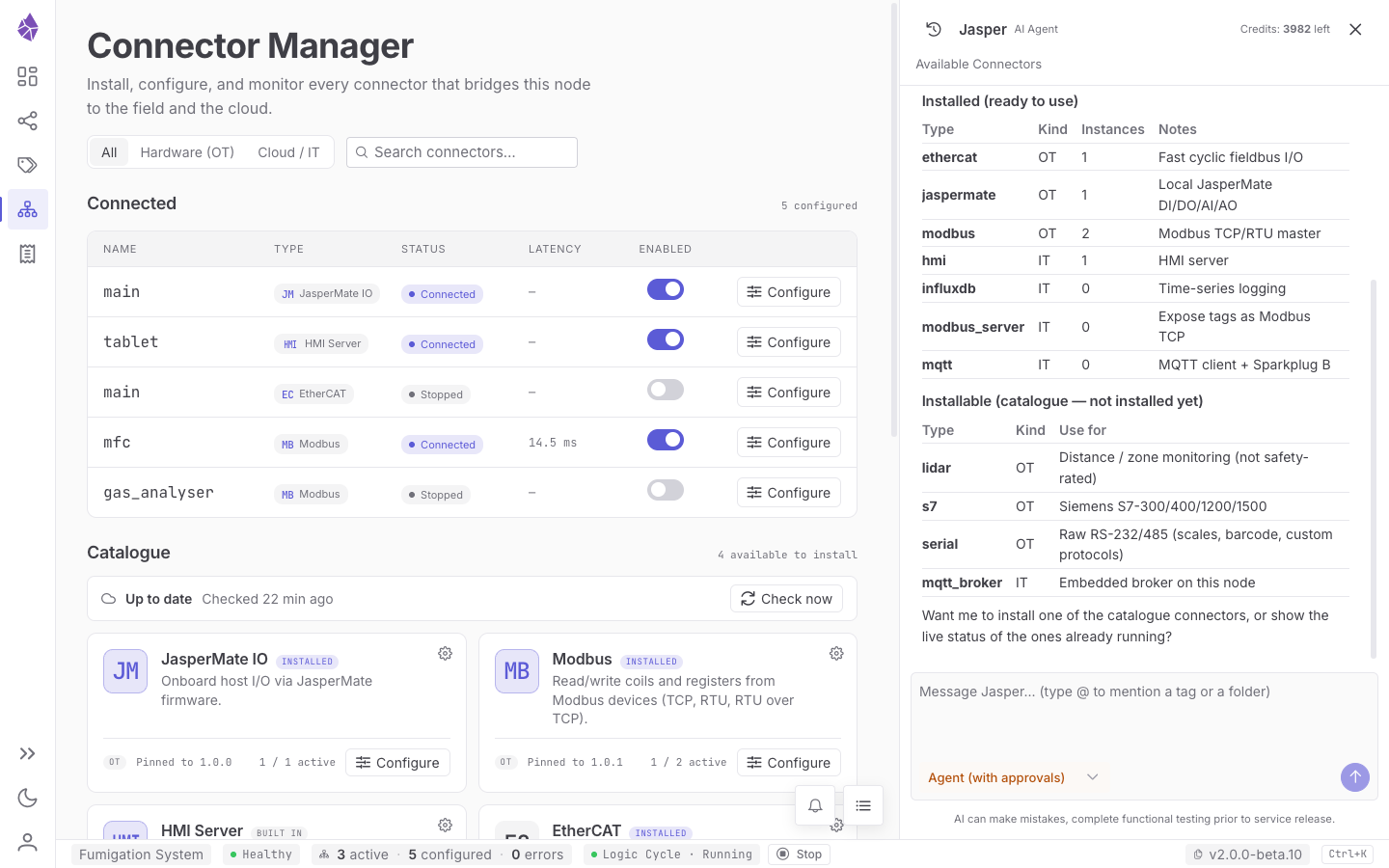 The Connector Manager — the Connected table on top, the catalogue of connector types below