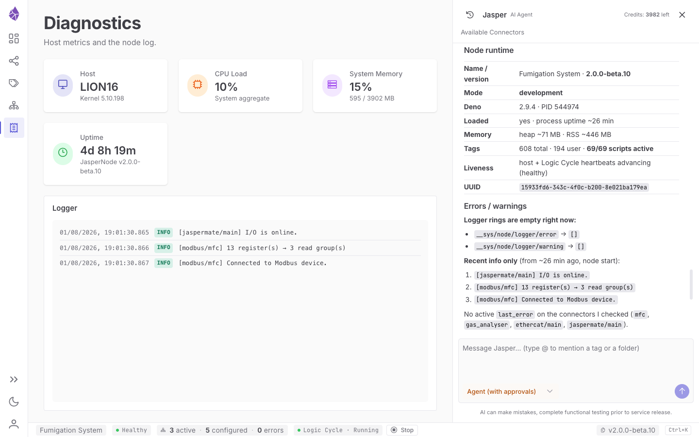 Diagnostics — host stat cards and the Logger