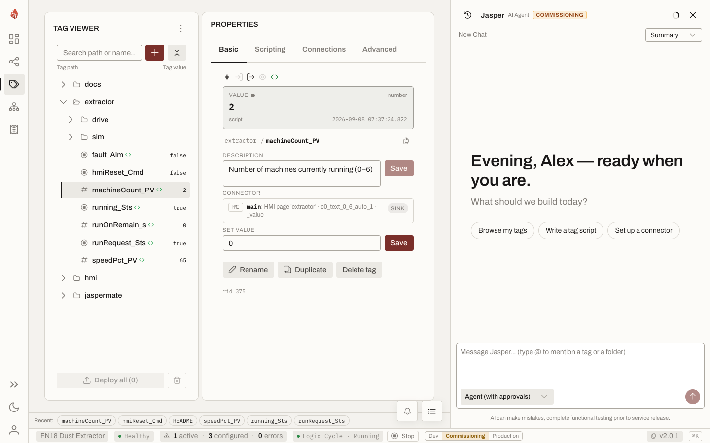 The JasperNode IDE: the tag tree, the selected tag's properties, and Jasper ready on the right
