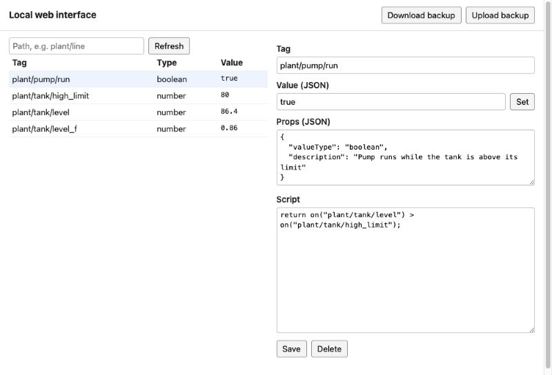 The local web interface: the tag list with values on the left, and the selected tag's value, props and script on the right