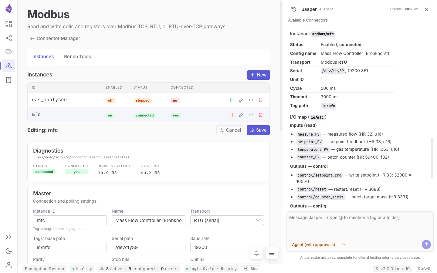 A connector type page — the instances list, the live diagnostics panel and the master settings