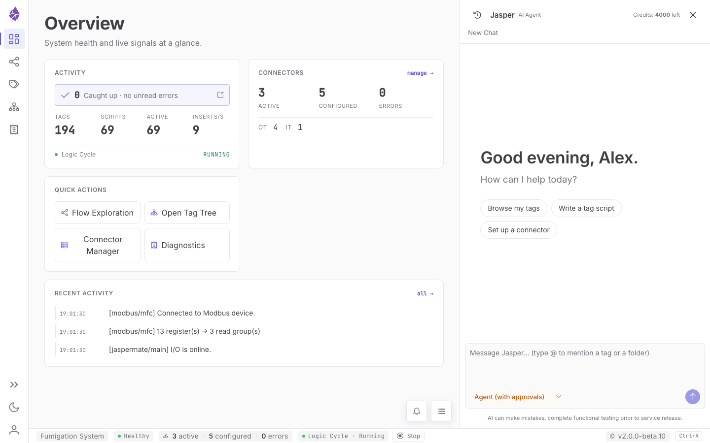 The Overview dashboard, with the AI Agent panel on the right