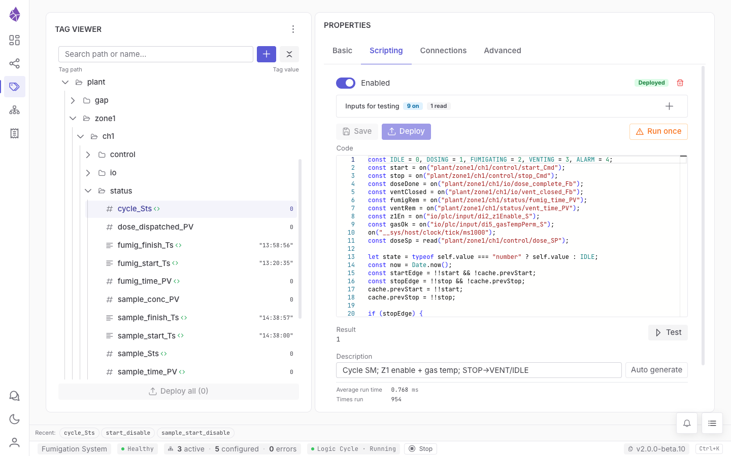 The Scripting tab: editor, derived inputs, the test panel, and live run stats